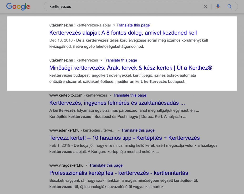 kerttervezés google top2 hely